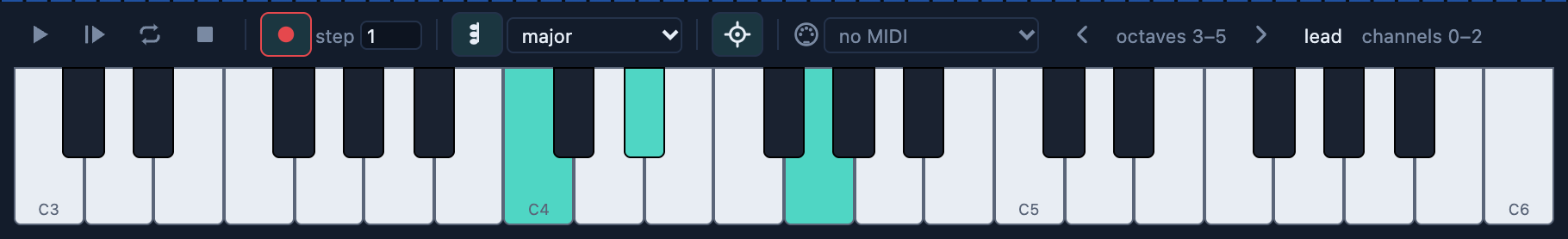 The transport bar and the piano: REC on in red, chords, MIDI; three keys lit
