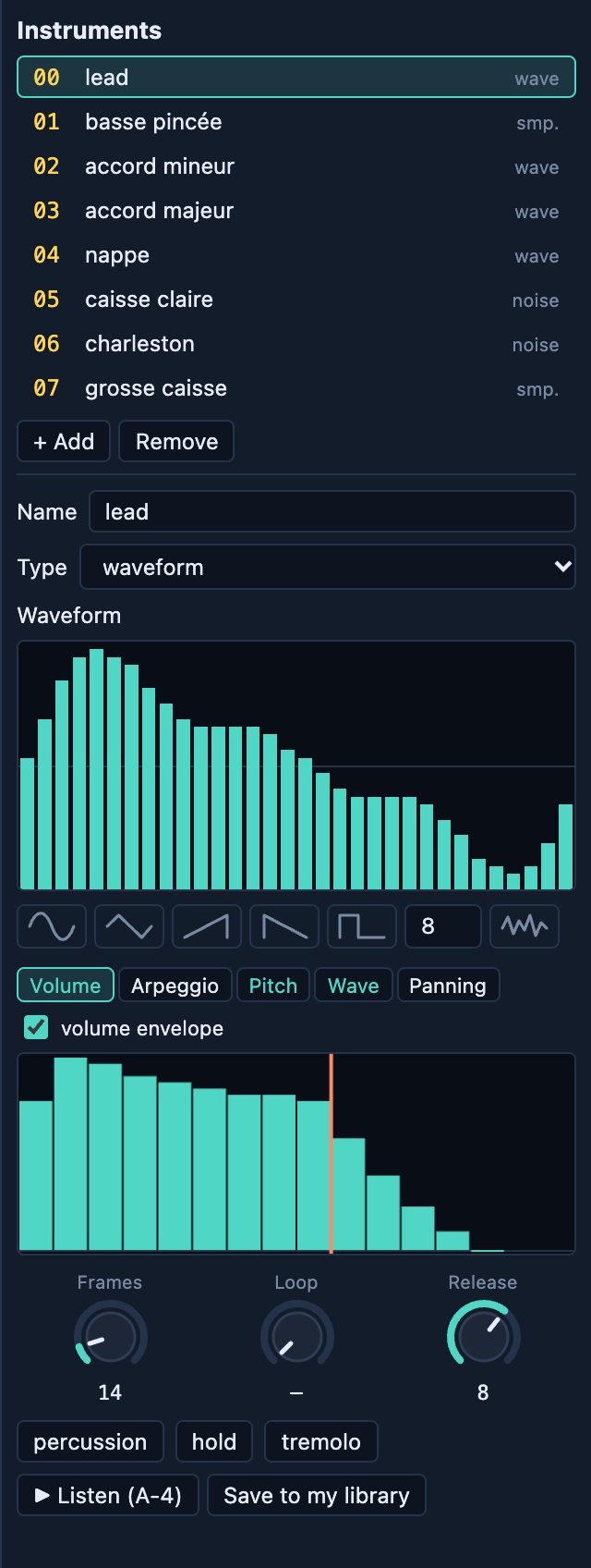 The instruments panel: the list, the waveform, the volume envelope and its knobs