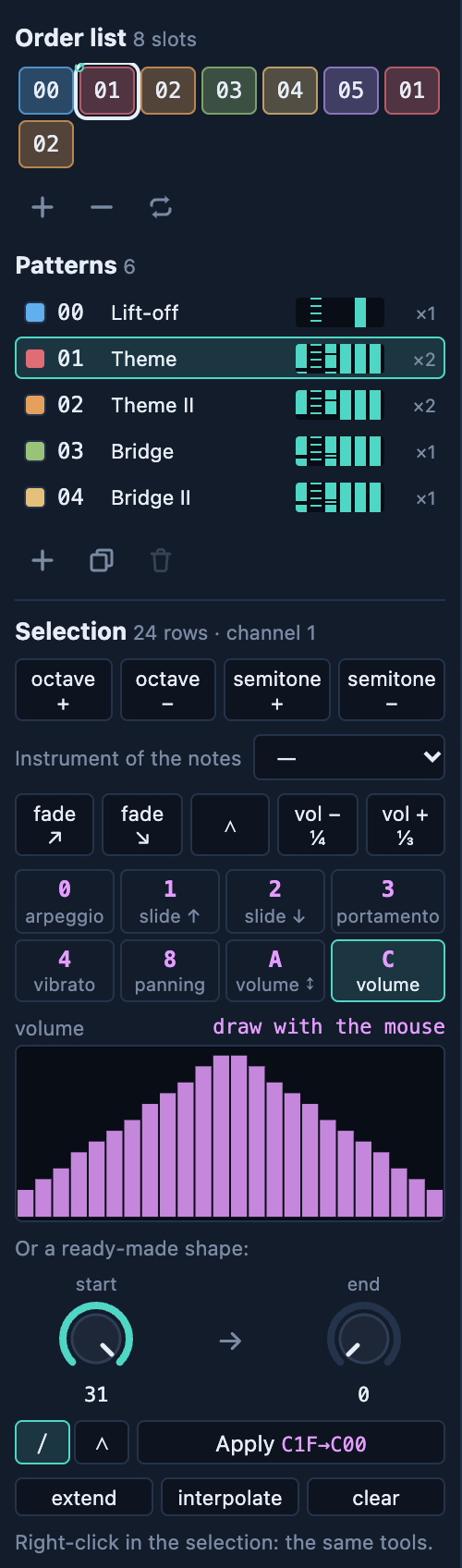 The selection tool: transpose, instrument, fades, the volume curve drawn as an arch