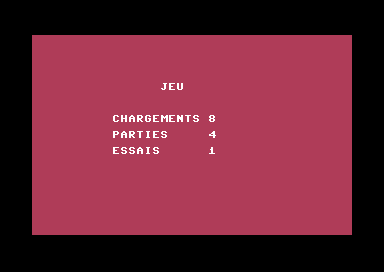 Écran du Commodore 64 : JEU, CHARGEMENTS 8, PARTIES 4, ESSAIS 1