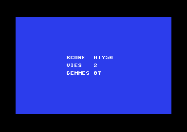 Écran du Commodore 64 : SCORE 01750, VIES 2, GEMMES 07