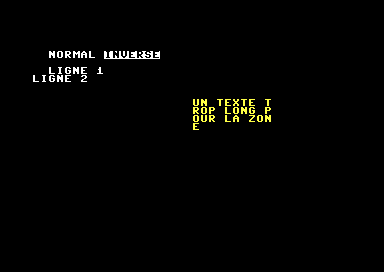 Écran du Commodore 64 : NORMAL, INVERSE en inversion vidéo, deux lignes, et un texte coupé dans une zone