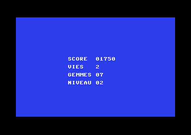 Écran du Commodore 64 : SCORE 01750, VIES 2, GEMMES 07, NIVEAU 02