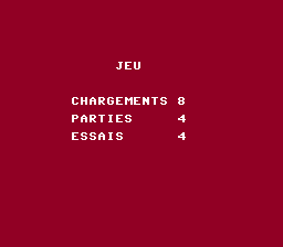 Écran de la PC Engine, contexte Jeu : CHARGEMENTS 8, PARTIES 4, ESSAIS 4