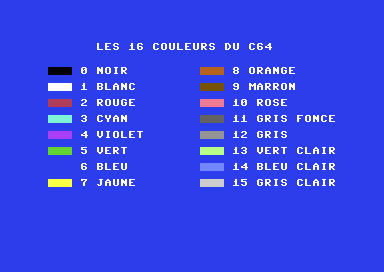 Le nuancier du C64 sur fond bleu : le pavé noir se voit, le pavé bleu a disparu